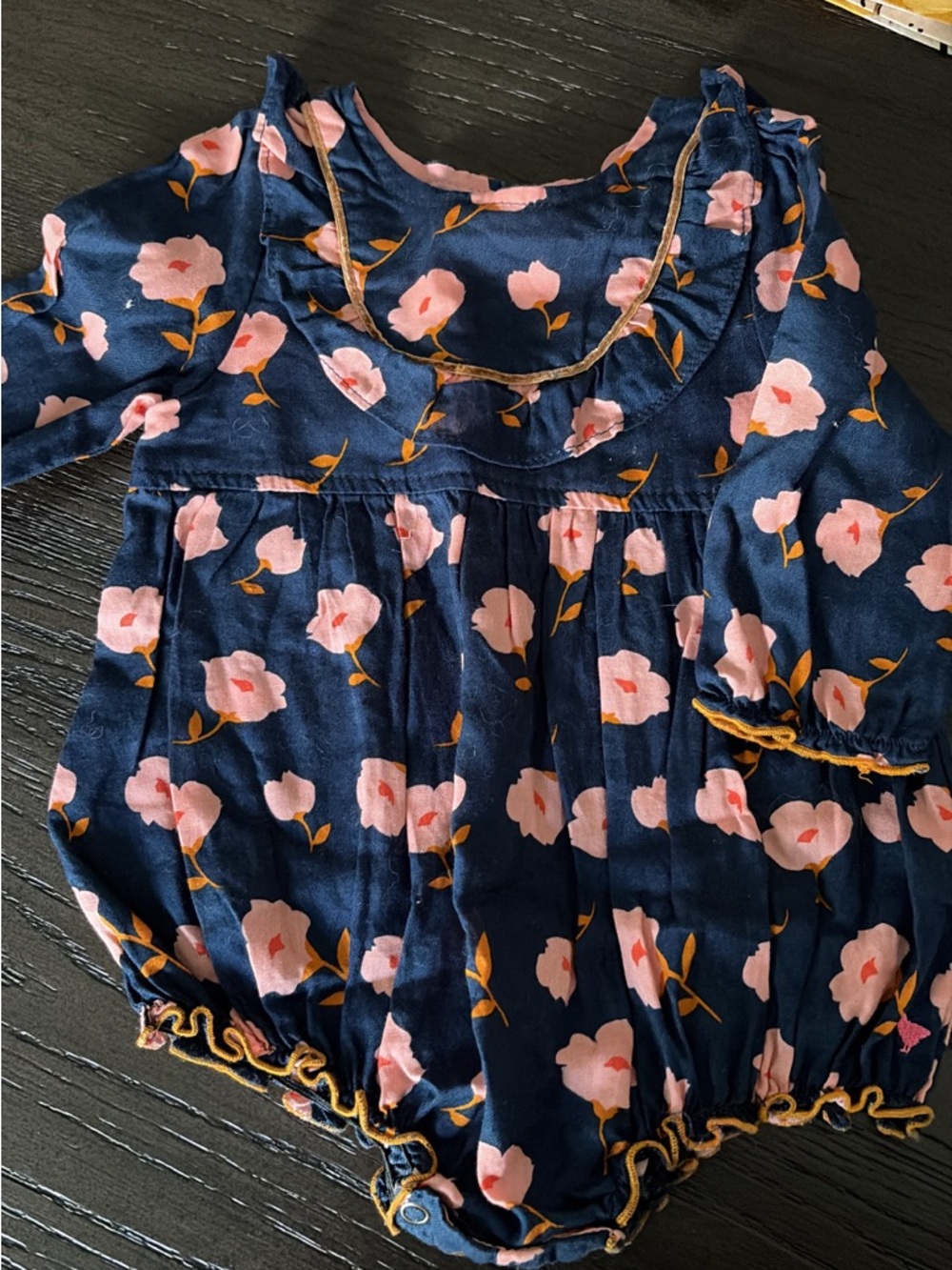 Pink Chicken Navy Floral Baby Romper with Pink Blossoms